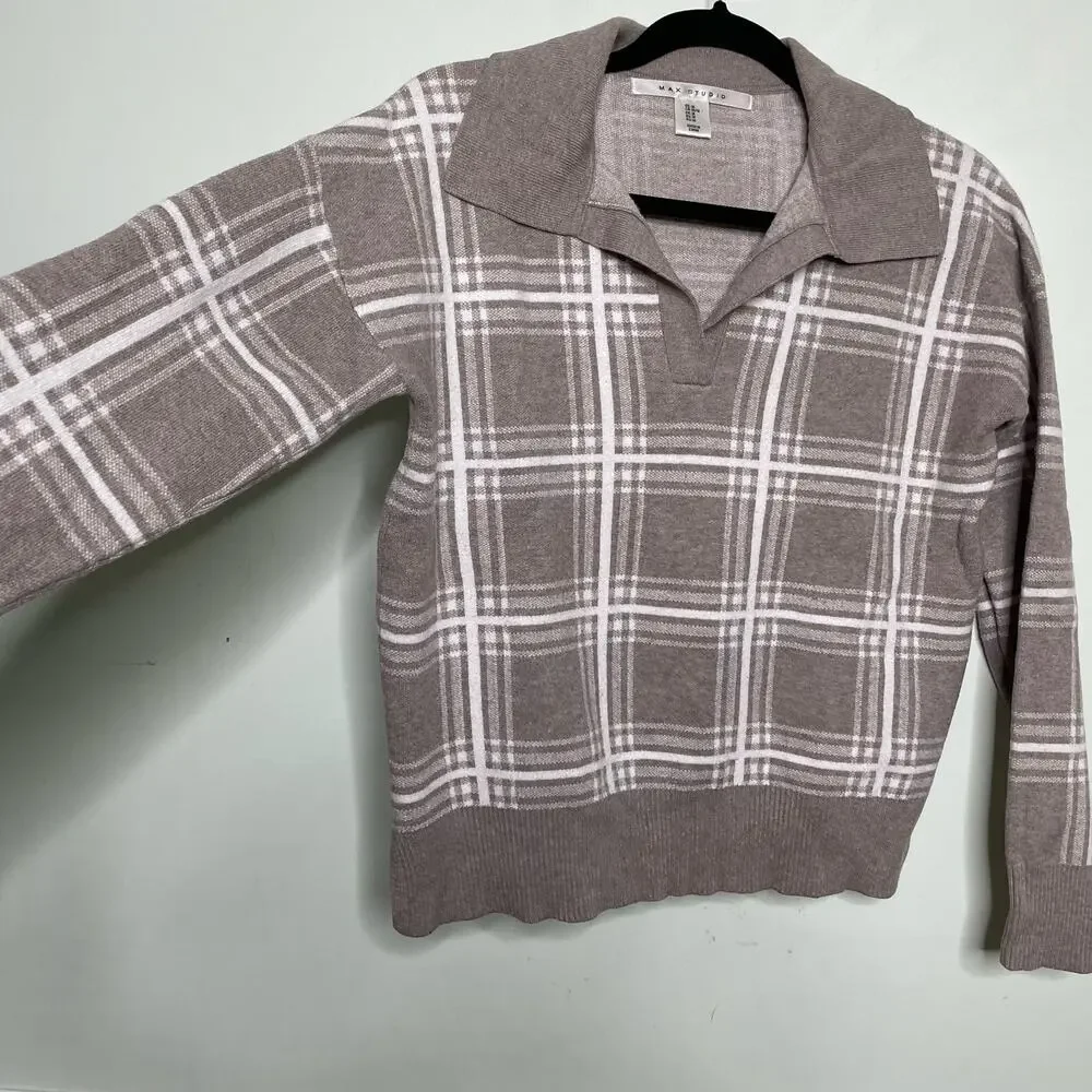 Max Studio Plaid Sweater Knitted Collared Pullover Long Sleeve Brown White M‎
